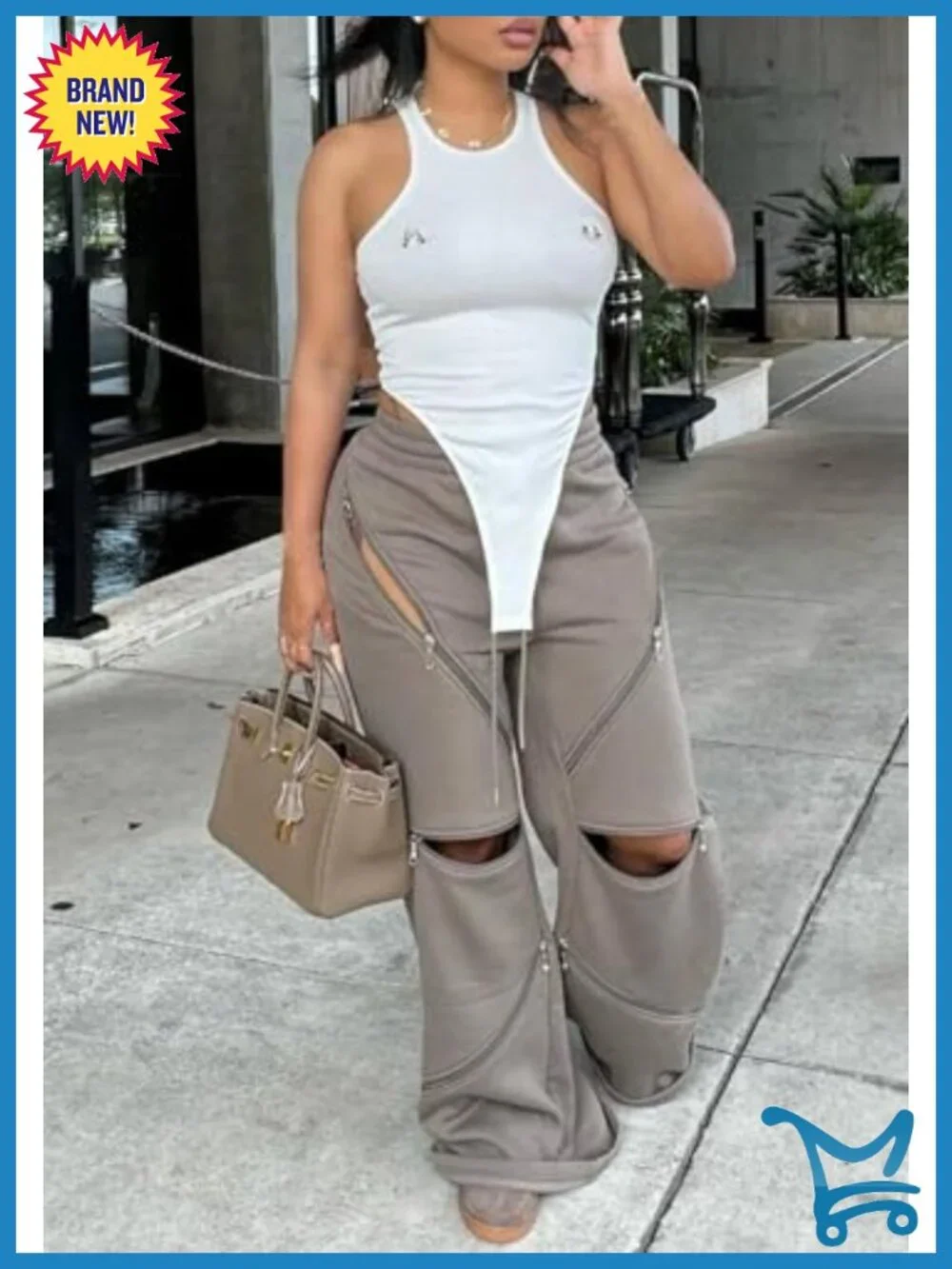 Wide Leg Baggy Sweatpants High Waisted Y2K Multi Zipper Drawstring Cargo Pants - Picture 2 of 6
